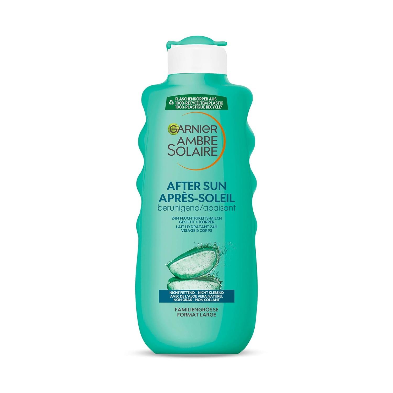 Garnier Ambre Solaire After Sun. Grüne Flasche. Text: Beruhigend, 24h Feuchtigkeit, nicht klebend, Familiengröße.