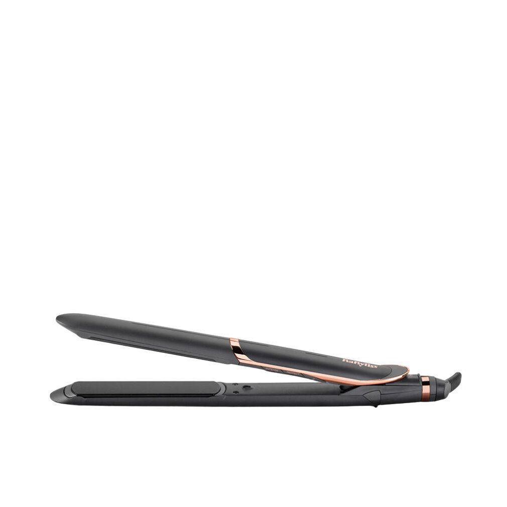 Schwarzes Glätteisen mit kupferfarbenen Akzenten. BaByliss-Logo sichtbar. Das Gerät ist geöffnet.
