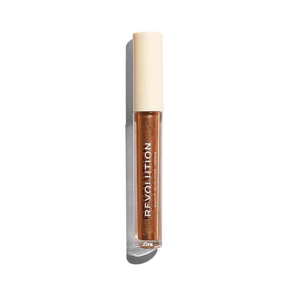 Flüssiger Lidschatten in einer transparenten Flasche mit beigem Deckel. Aufschrift: REVOLUTION MAKEUP REVOLUTION LONDON.