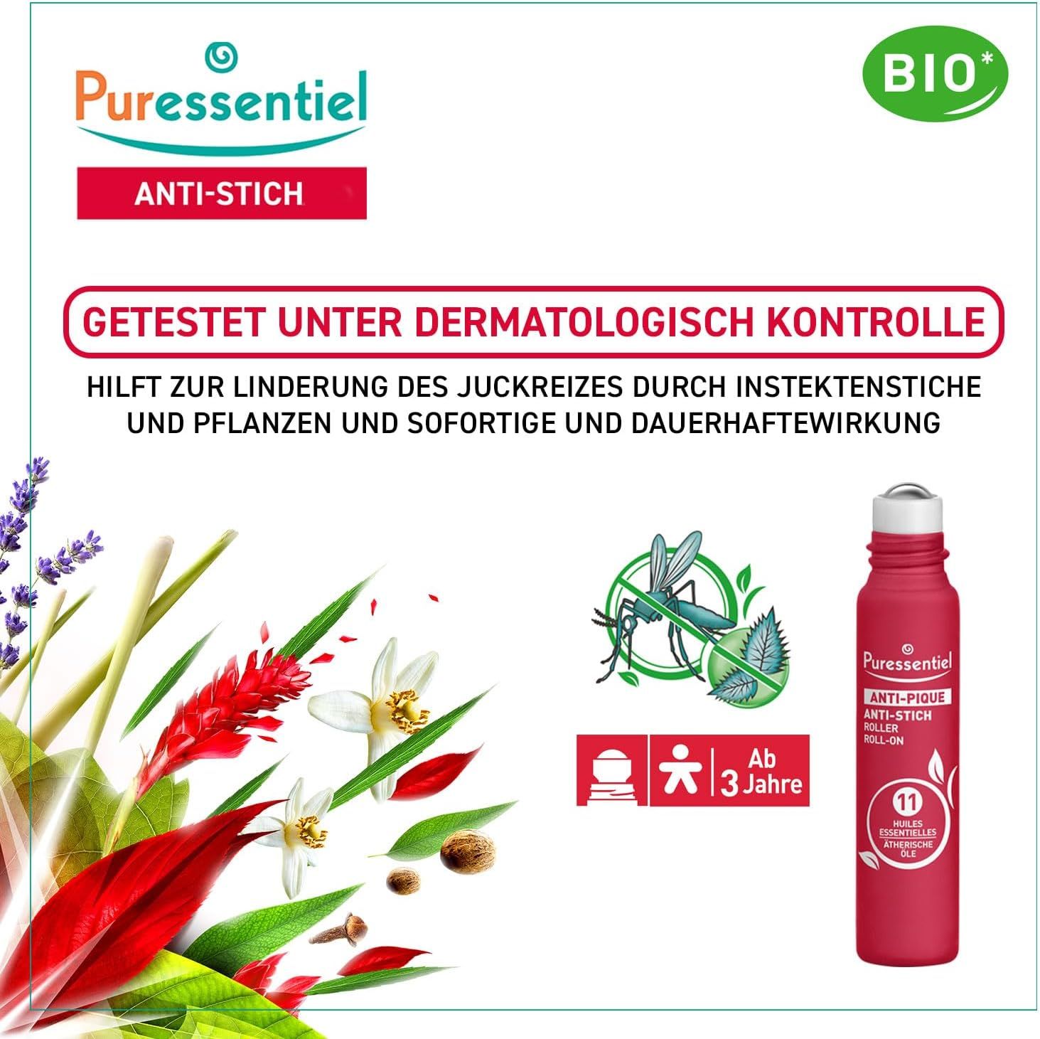 Produkt mit Anti-Stich-Formel. Getestet unter dermatologischer Kontrolle. Mit Pflanzen und Insektenstichen.
