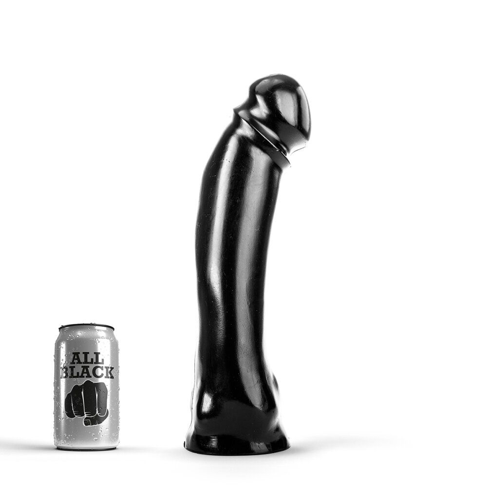 Schwarzer Dildo neben einer Dose mit dem Aufdruck 'ALL BLACK'. Gebogene Form.