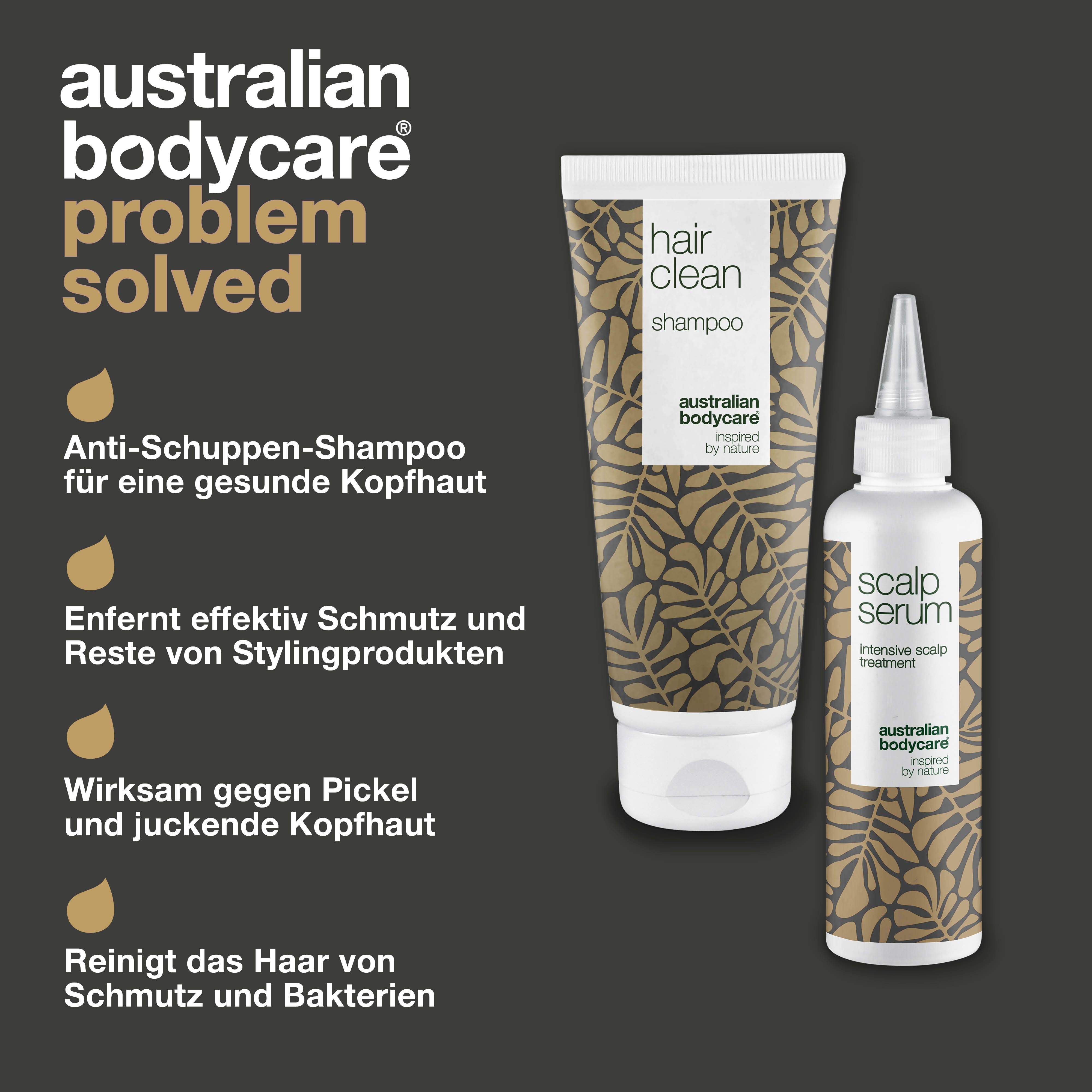 Problem gelöst: Anti-Schuppen-Shampoo, entfernt Schmutz, wirkt gegen Pickel. Produkte: Shampoo und Serum. Marke: Australian Bodycare.