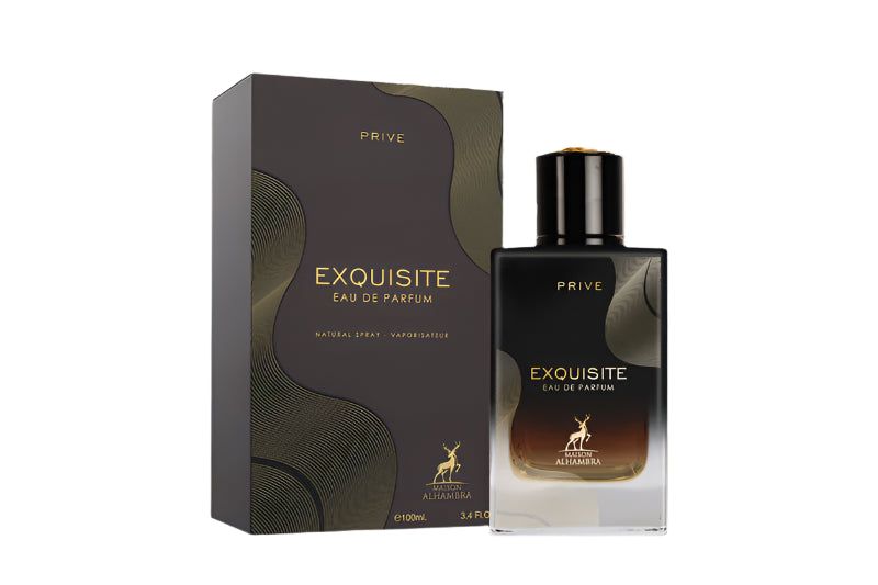 Parfümflakon und -verpackung. Schwarzer Flakon, goldfarbene Schrift. Aufschrift: Exquisite Eau de Parfum. Verpackung mit goldfarbenen Linien.