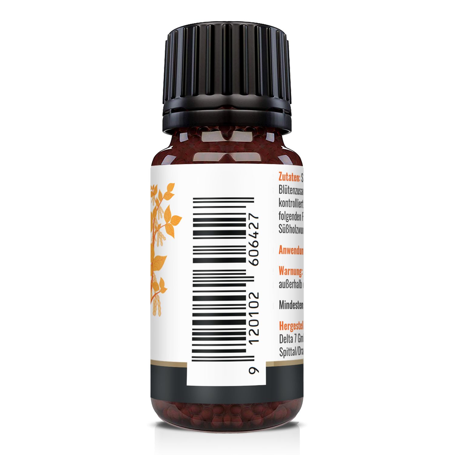 Rückseite der braunen Glasflasche. Barcode und Herstellerinformationen sind sichtbar.