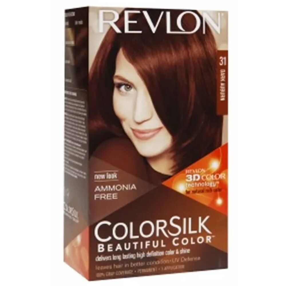 Revlon Colorsilk 31 Dark Auburn Haarfarbe. Karton mit Frau mit braunen Haaren. "Ammonia Free" und "3D Color Technology" sind sichtbar.