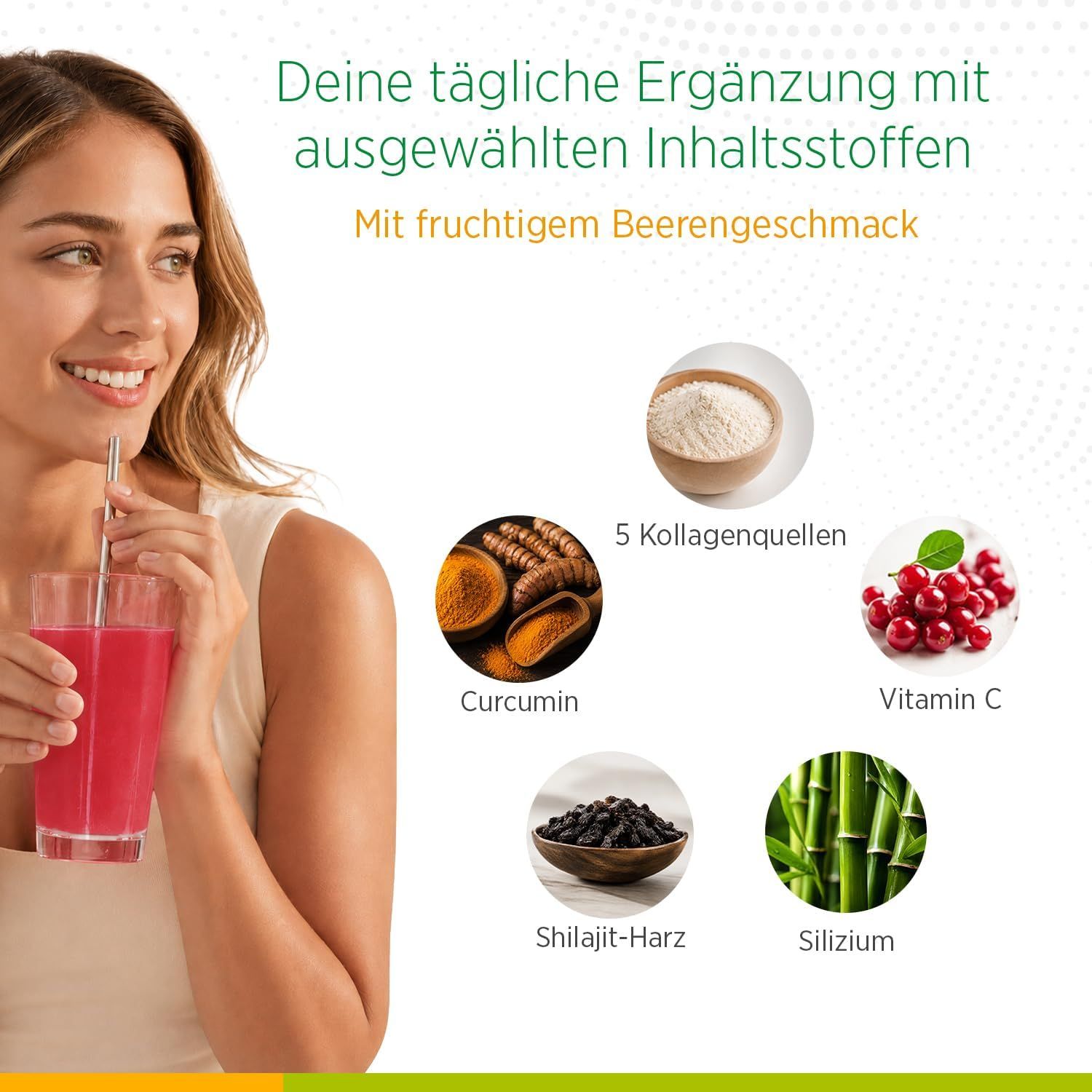 Frau trinkt rotes Getränk, Zutaten: Curcumin, Shilajit, Silizium, Vitamin C, 5 Kollagenquellen.
