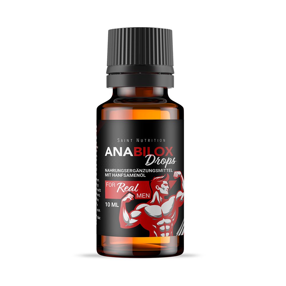 Braune Glasflasche mit schwarzem Deckel. Aufschrift: Anabilox Drops, 10 ml. Abbildung eines muskulösen Mannes.