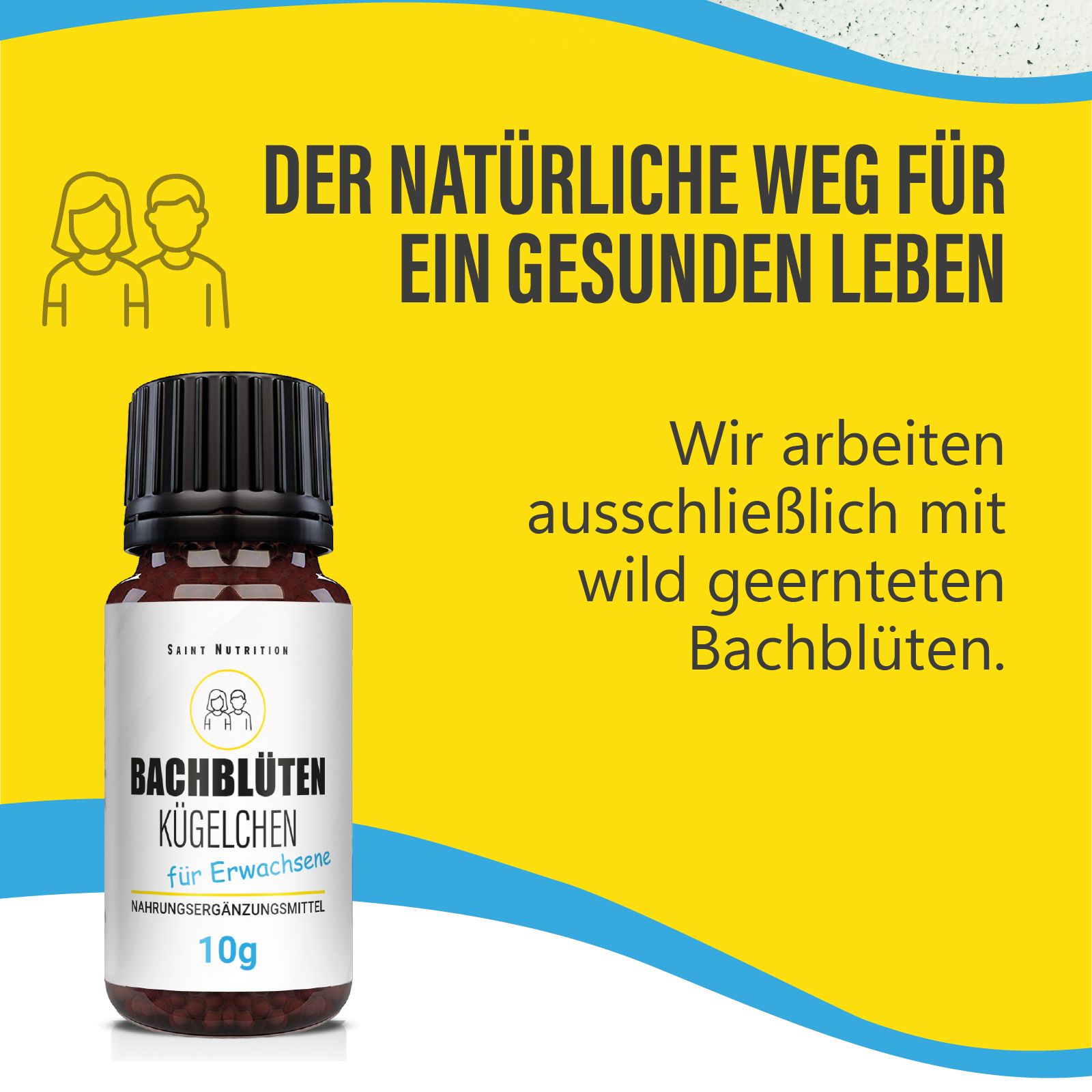 Gelber Hintergrund mit Text und einer braunen Flasche mit schwarzem Deckel. Etikett: Bachblüten Kügelchen für Erwachsene, 10g. Marke: Saint Nutrition.