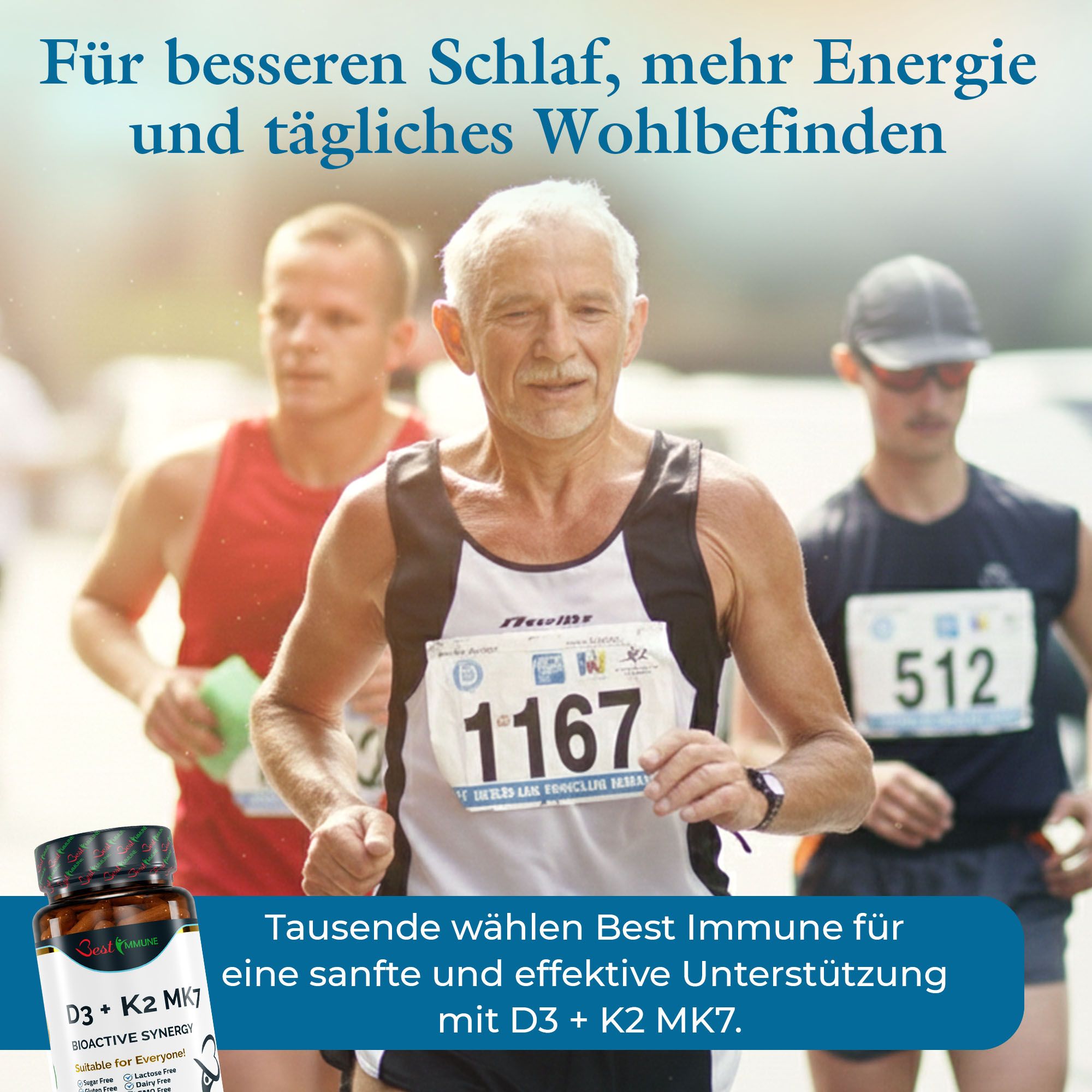 Drei Läufer bei einem Rennen. Im Vordergrund ein älterer Mann, daneben zwei jüngere. Eine Flasche D3 + K2 MK7 ist unten links sichtbar.