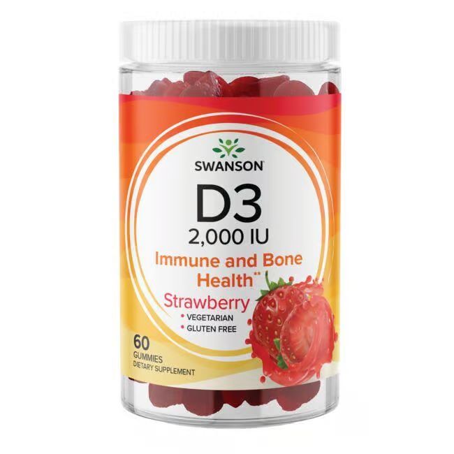 Klare Dose mit roten Gummibärchen. Aufkleber mit "SWANSON D3 2,000 IU", Erdbeere, 60 Gummies. Vegetarisch, glutenfrei.