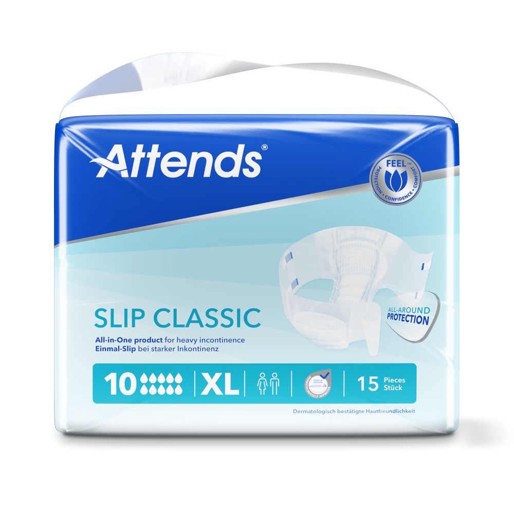 Attends Slip Classic 10 XL Packung mit 15 Stück. Für schwere Inkontinenz. Aufdruck: All-Around Protection.