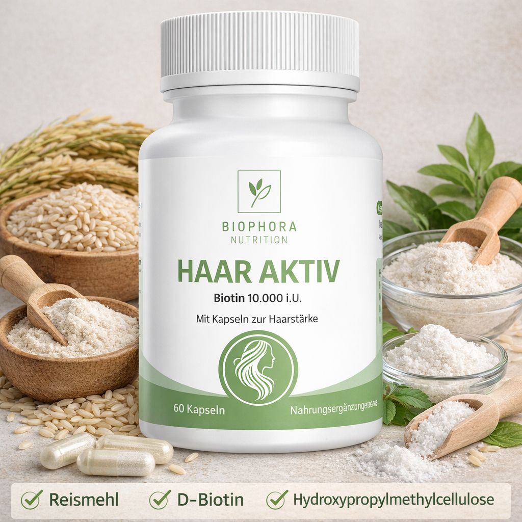 Weiße Flasche mit grüner Aufschrift. Enthält Kapseln. Aufschrift: Haar Aktiv, Biotin 10.000 i.U. Mit Kapseln zur Haarstärke. 60 Kapseln.