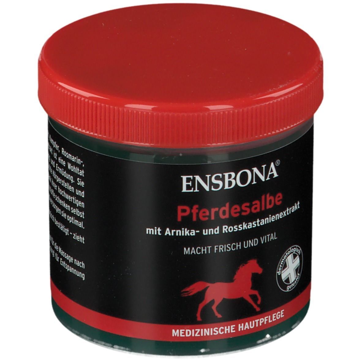 Dose Ensbona Pferdesalbe, roter Deckel, schwarzes Etikett. Rotes Pferd-Logo. Text: Medizinische Hautpflege, dermatologisch getestet.
