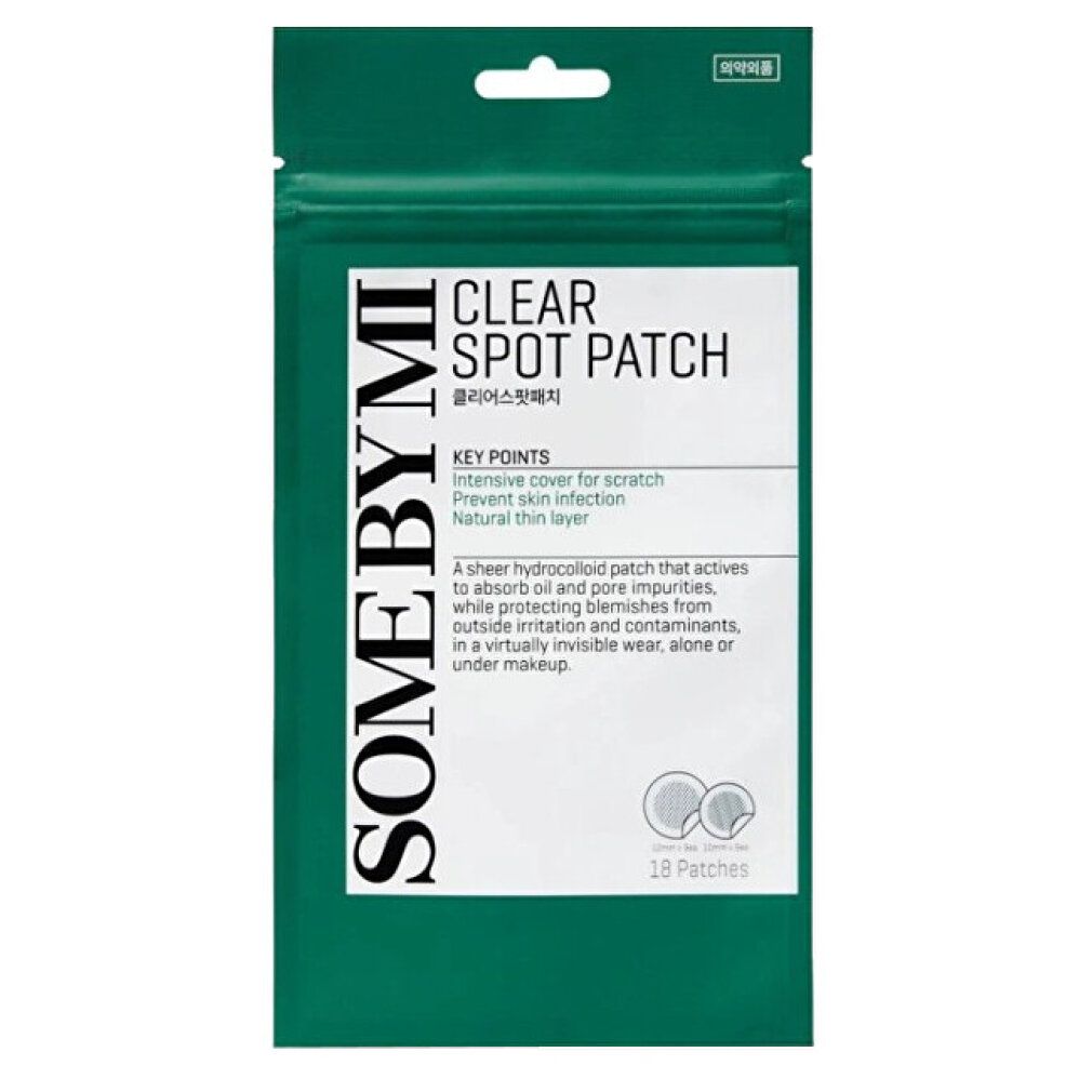 SOMEBYMI Clear Spot Patch Verpackung, 18 Stück. Zeigt Schlüsselpunkte wie intensive Abdeckung und natürlichen dünnen Layer.