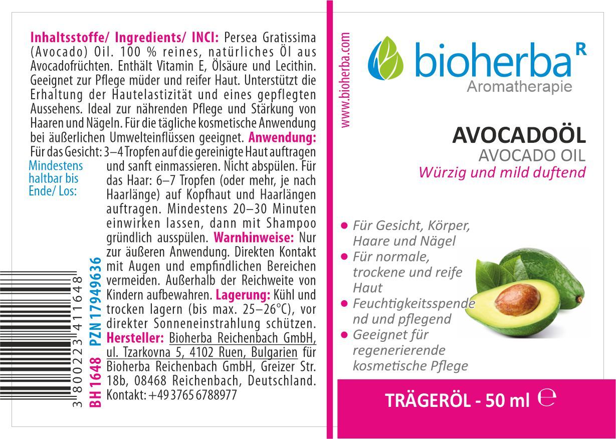 Etikett mit Produktname, Avocado-Illustration und Text. Marke: Bioherba. Enthält Informationen zu Inhaltsstoffen und Anwendung.