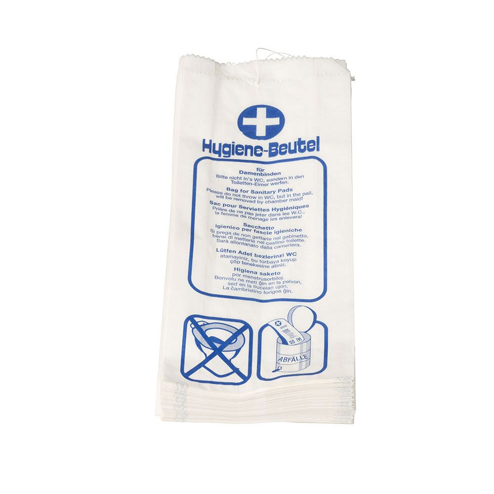 Weißer Hygienebeutel mit blauem Aufdruck. Aufdruck mit Kreuz, Text und Piktogrammen.