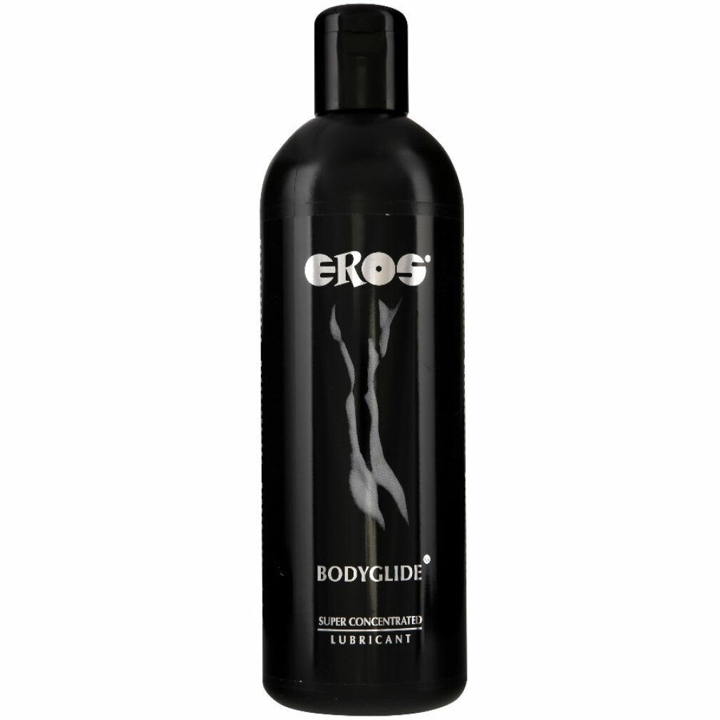 Schwarze Flasche mit "EROS"-Logo und "BODYGLIDE"-Schriftzug. Enthält eine Abbildung einer Frau. "SUPER CONCENTRATE LUBRICANT" darunter.
