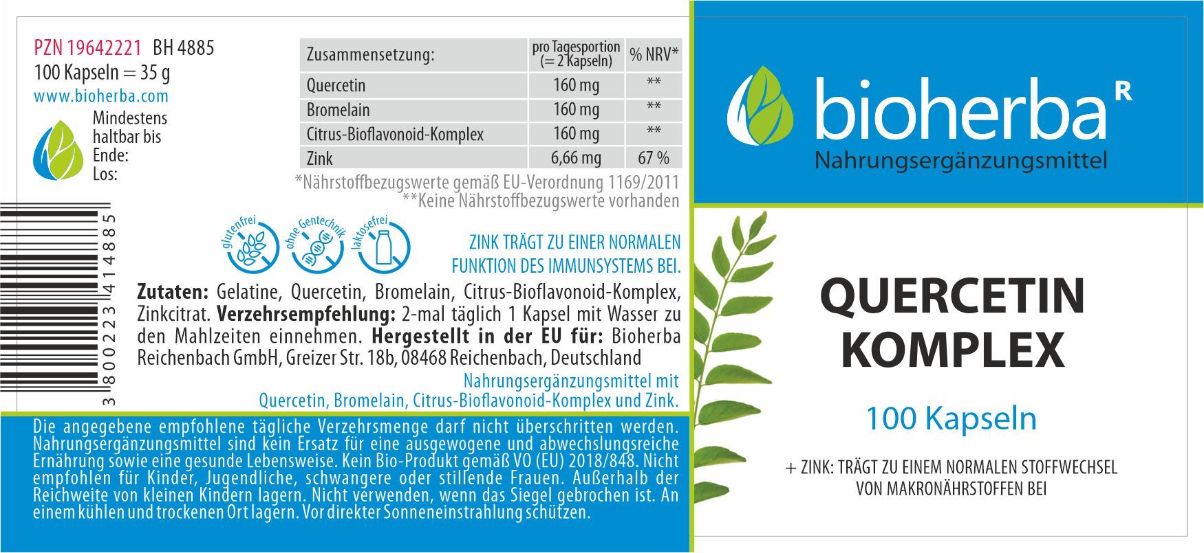 Etikett mit Produktinformationen. Enthält Angaben zu Inhaltsstoffen, Dosierung und Nährwerten. Marke: Bioherba.