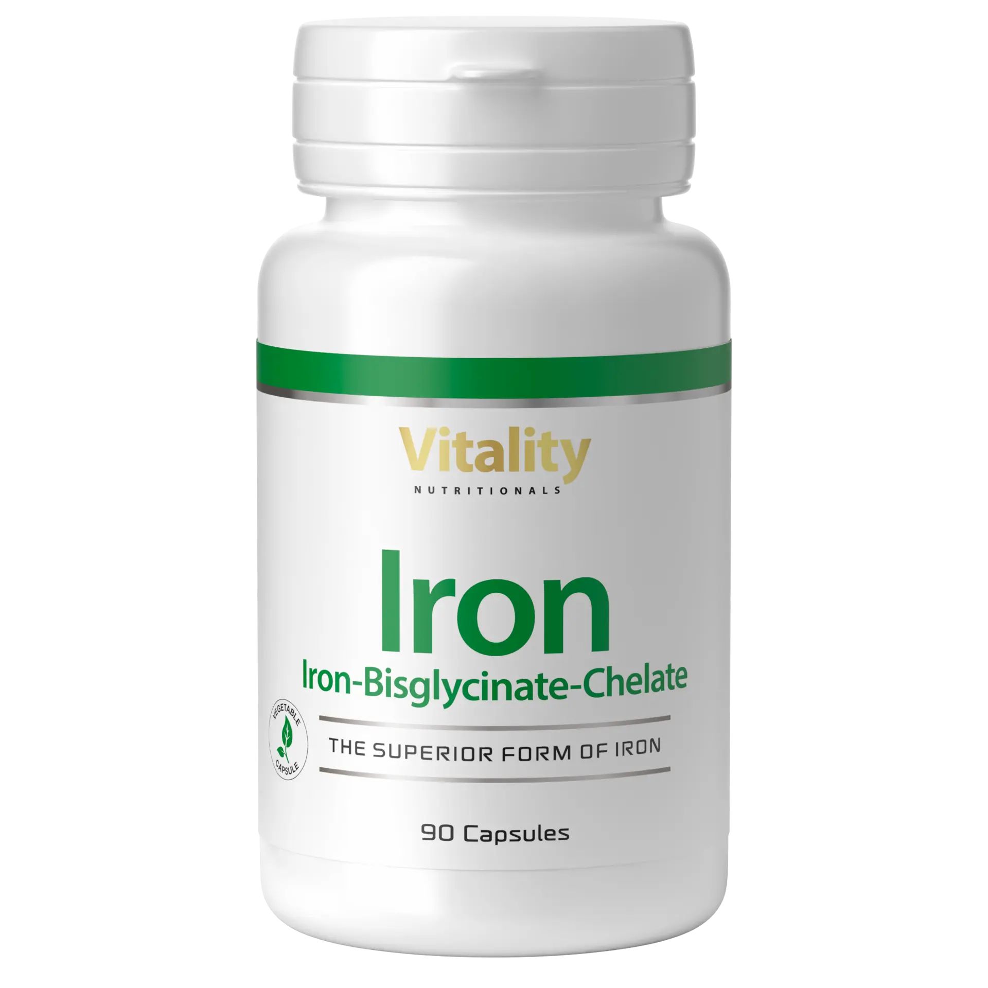 Weiße Flasche mit grünem Etikett. Vitality Nutritionals Iron-Bisglycinat-Chelat. 90 Kapseln. The Superior Form of Iron.