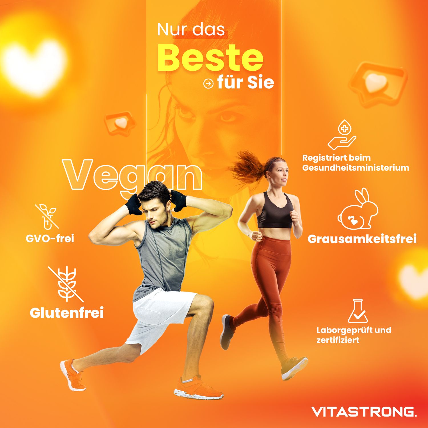 Mann und Frau beim Sport. Vegan, GVO-frei, glutenfrei, Grausamkeitsfrei. Laborgeprüft und zertifiziert. Vitastrong-Logo.