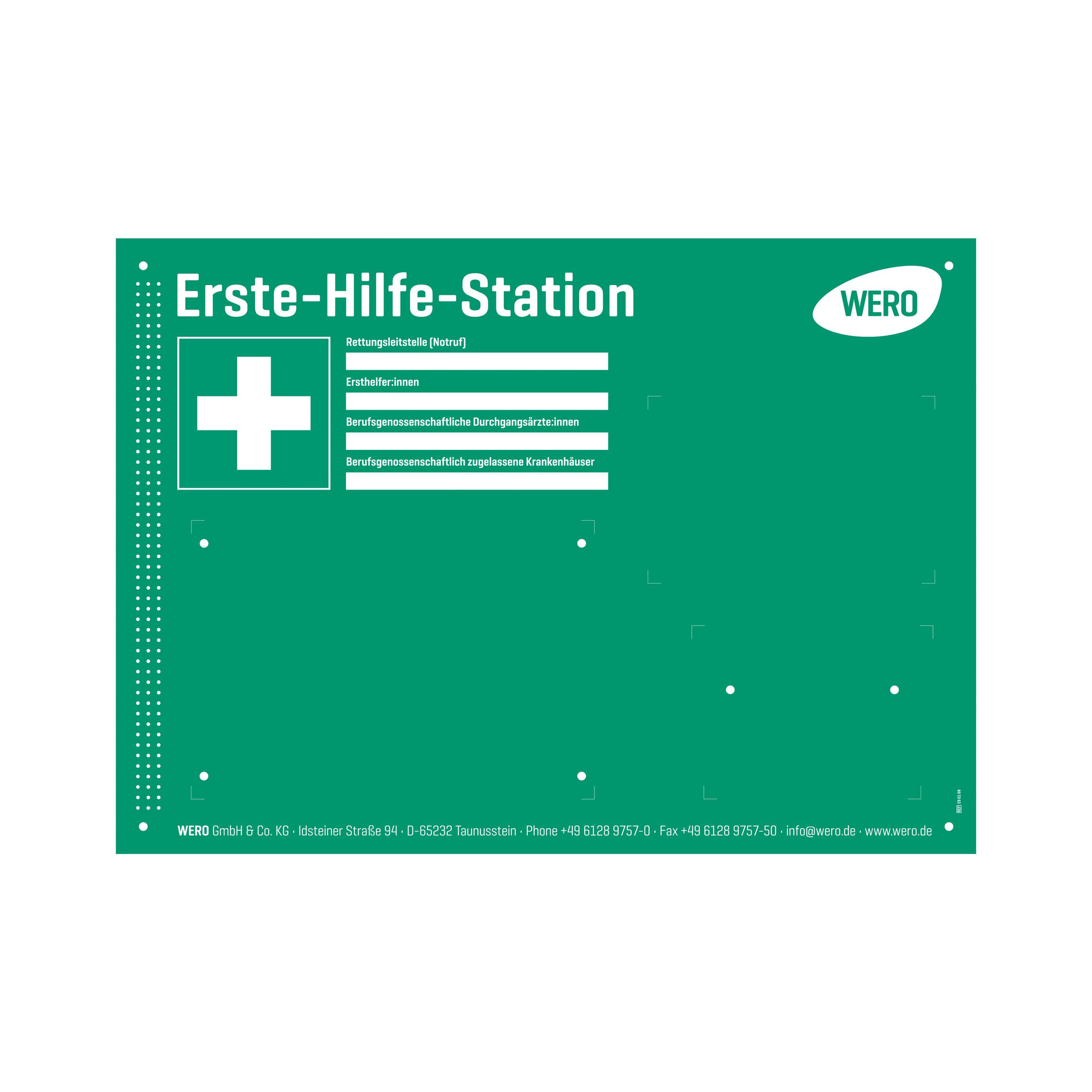 Grüne Erste-Hilfe-Station mit weißem Kreuz und Textfeldern. Oben steht "Erste-Hilfe-Station". Logo von WERO rechts oben.