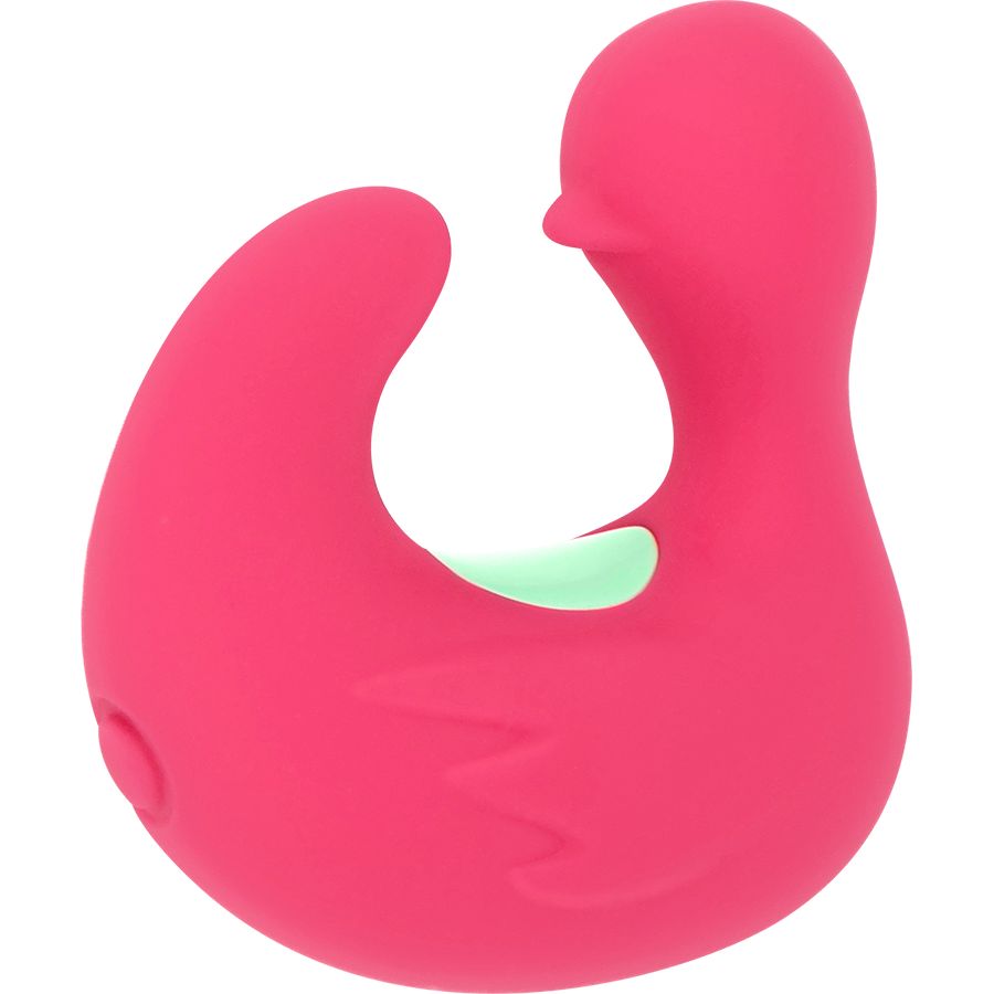 Pinker Silikon-Enten-Stimulator, Seitenansicht. Zeigt die geschwungene Form und den grünen Akzent.