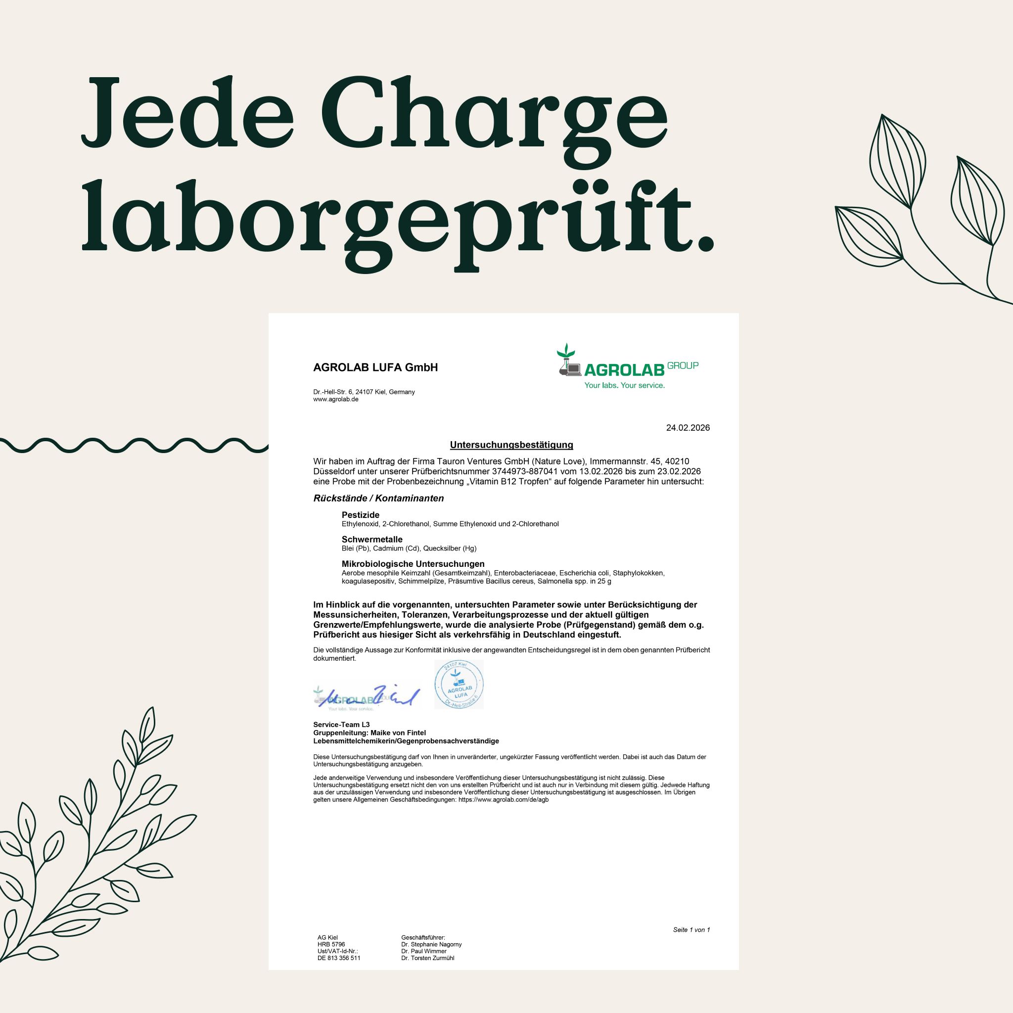 Laborbericht von Agrolab für NATURE LOVE Vitamin B12, Chargenprüfung.