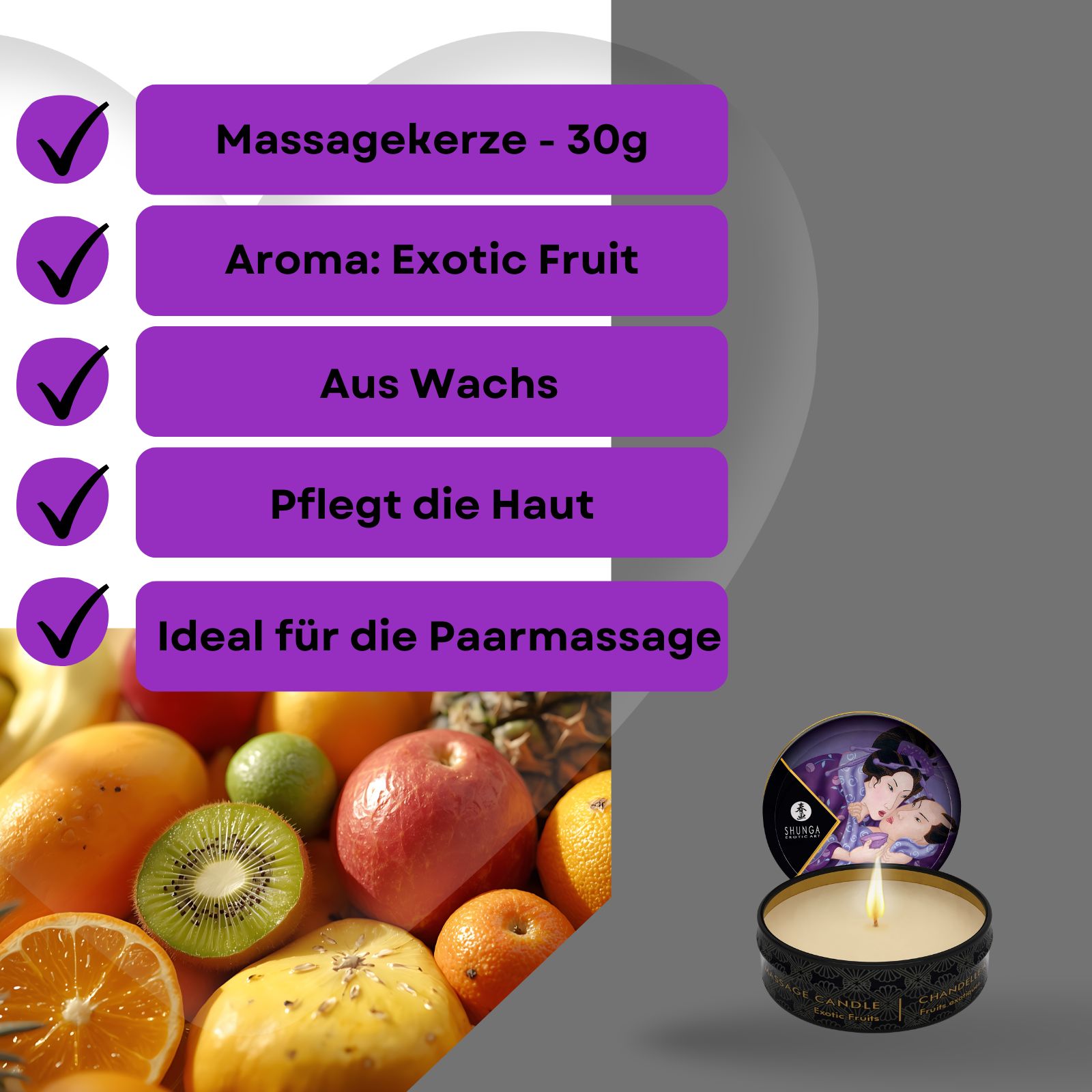 Massagekerze mit Aroma Exotic Fruits. Produktinformationen auf lila Banner. Früchte im Hintergrund. Dose mit Geisha-Illustration.