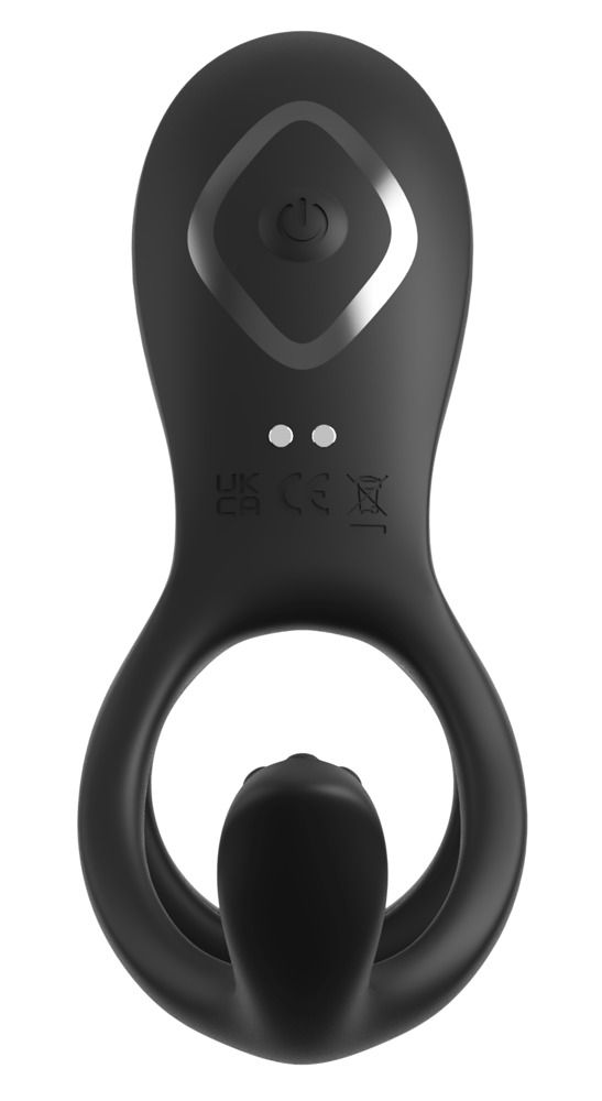 Schwarzes C-Ringz-Produkt, Ansicht von oben. Mit zwei Ringen und einem Aufsatz. Power-Taste und Kontrollleuchten.
