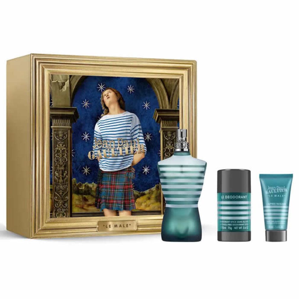 Geschenkset mit Flakon, Deodorant und After Shave. Flakon in Torsoform, blau gestreift. Verpackung mit Bild.