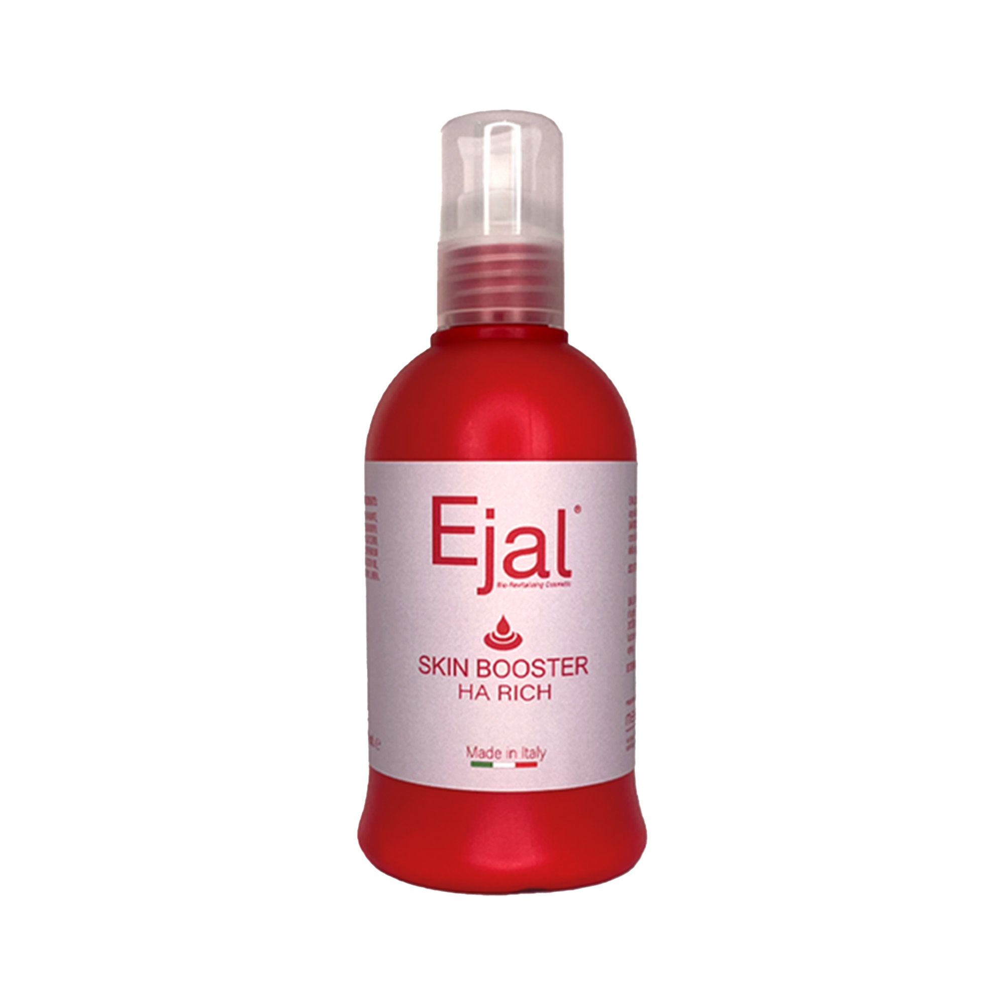 Rote Flasche mit weißem Etikett. Aufschrift: Ejal Skin Booster HA Rich. Mit Sprühkopf. Hergestellt in Italien.
