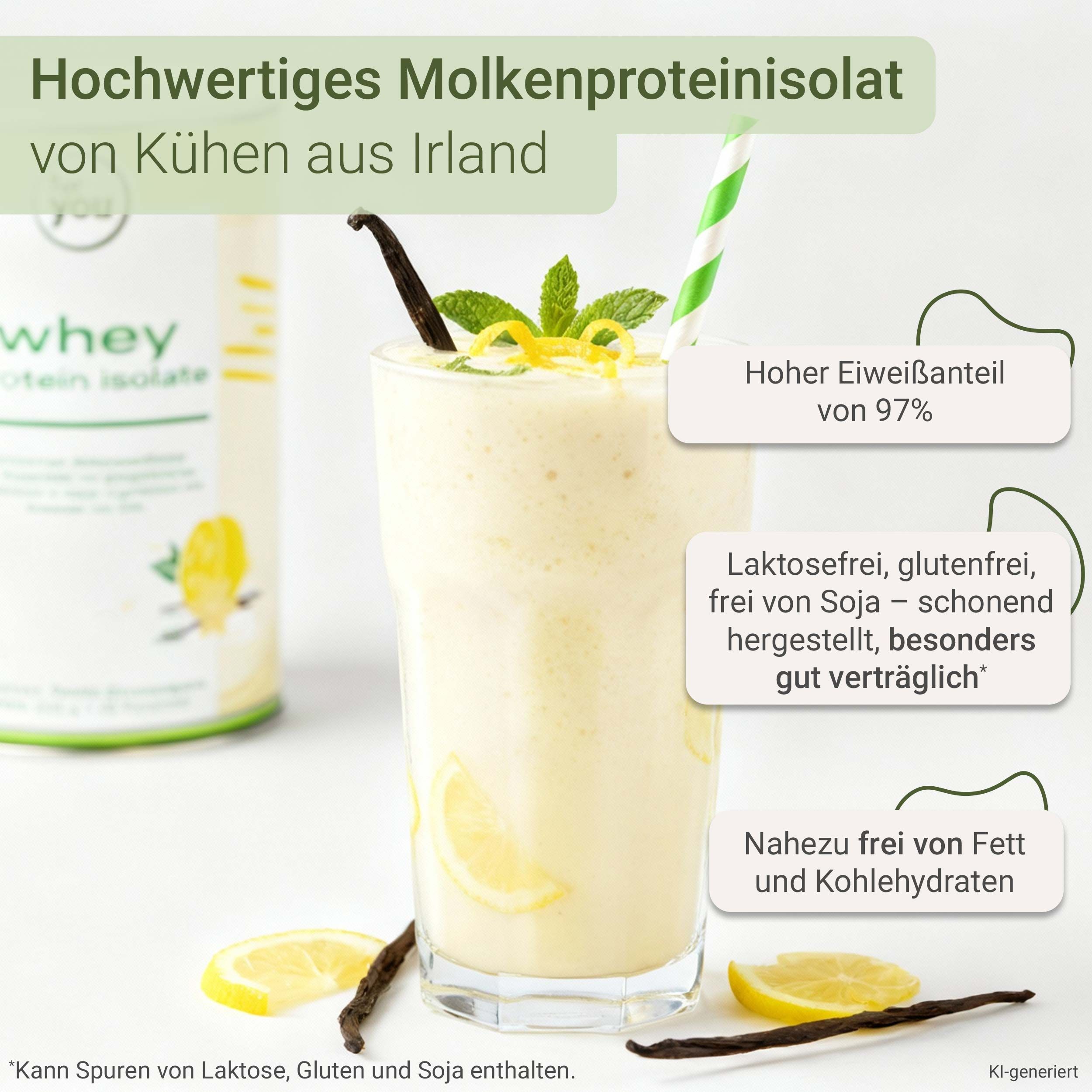 Hochwertiges Molkenprotein Isolat in Vanille-Zitronenquark-Geschmack, serviert als Shake mit Zitrone und Vanille.