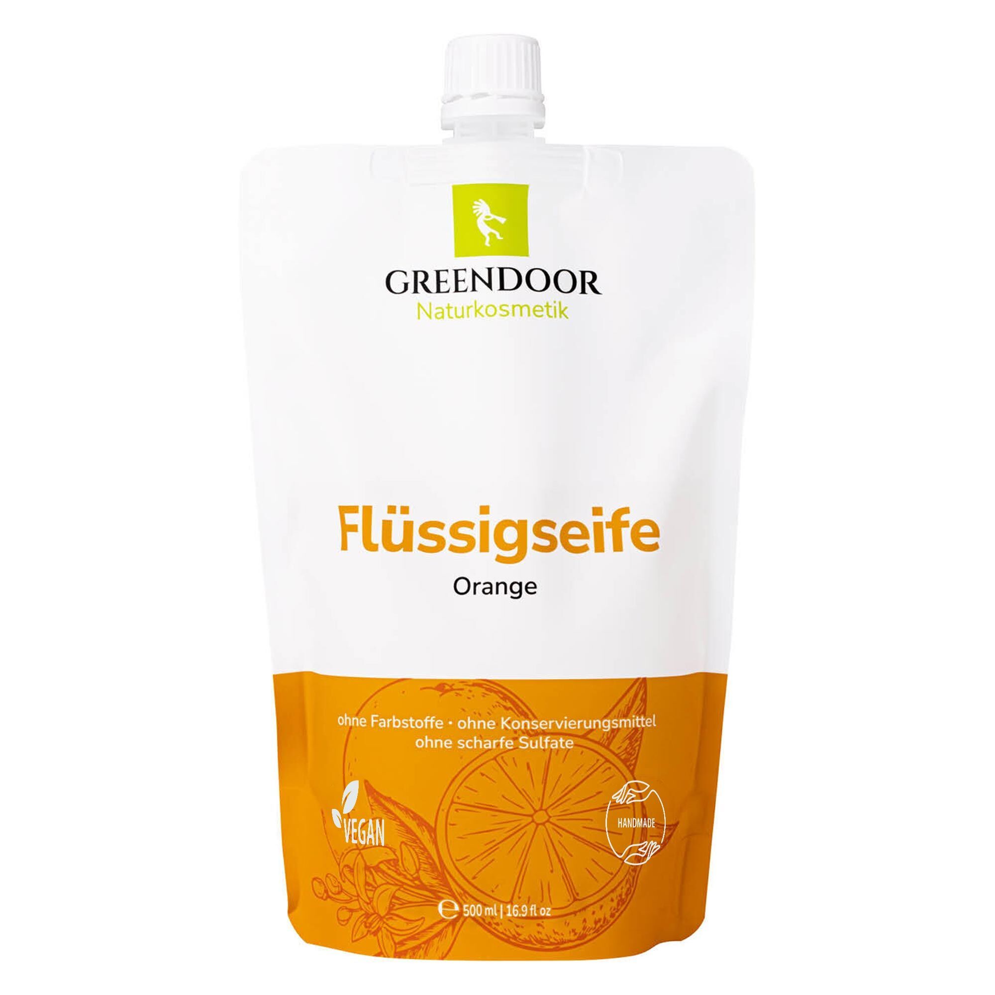 GREENDOOR Flüssigseife Nachfüllpackung Orange, 500ml. Ohne Farbstoffe, Konservierungsmittel und scharfe Sulfate. Vegan.