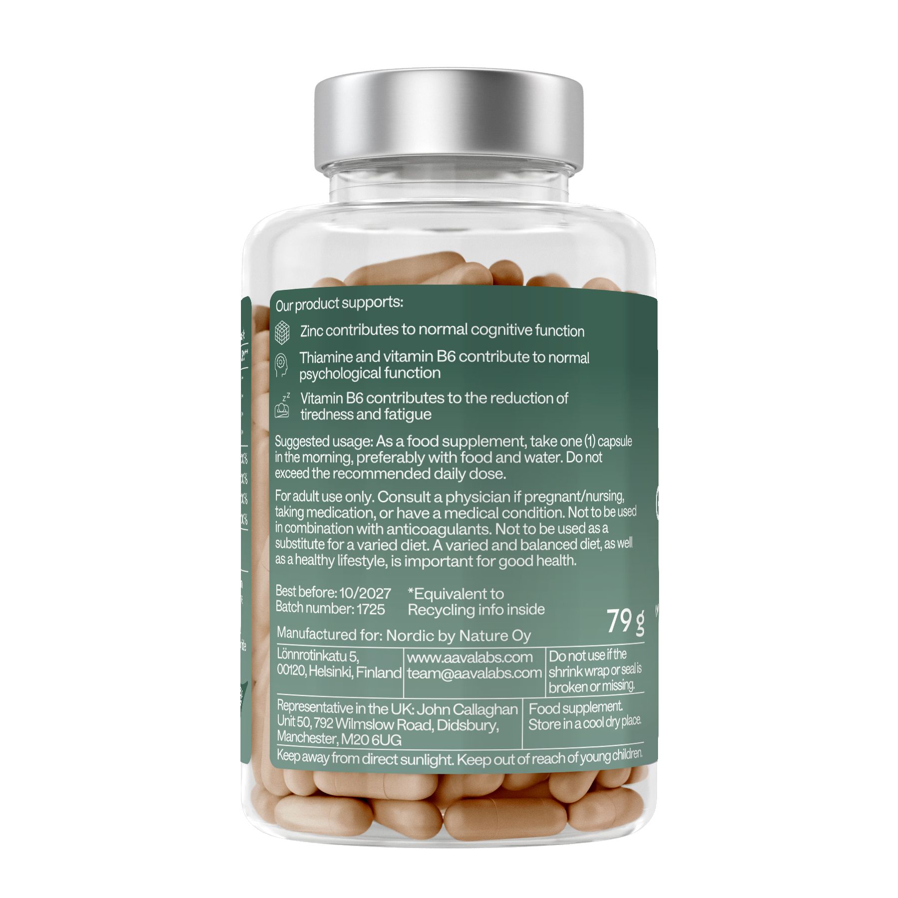 Rückseite der Flasche mit Informationen. Enthält Informationen zu Inhaltsstoffen, Dosierung und Hersteller. 79g. Recycling-Hinweis.