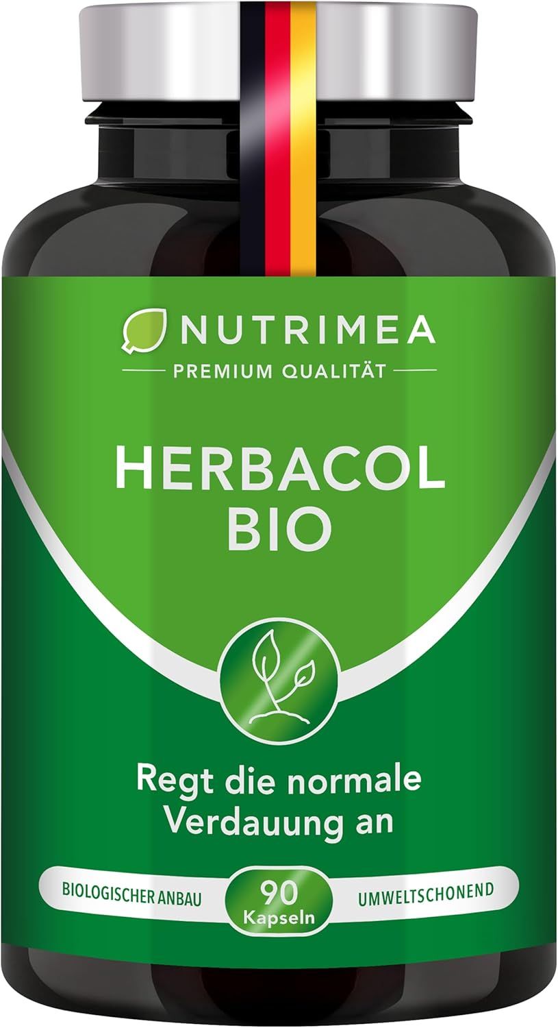 HERBACOL BIO-Flasche. Schwarze Flasche mit grünem Etikett. Text: Regt die normale Verdauung an. 90 Kapseln. Biologischer Anbau.