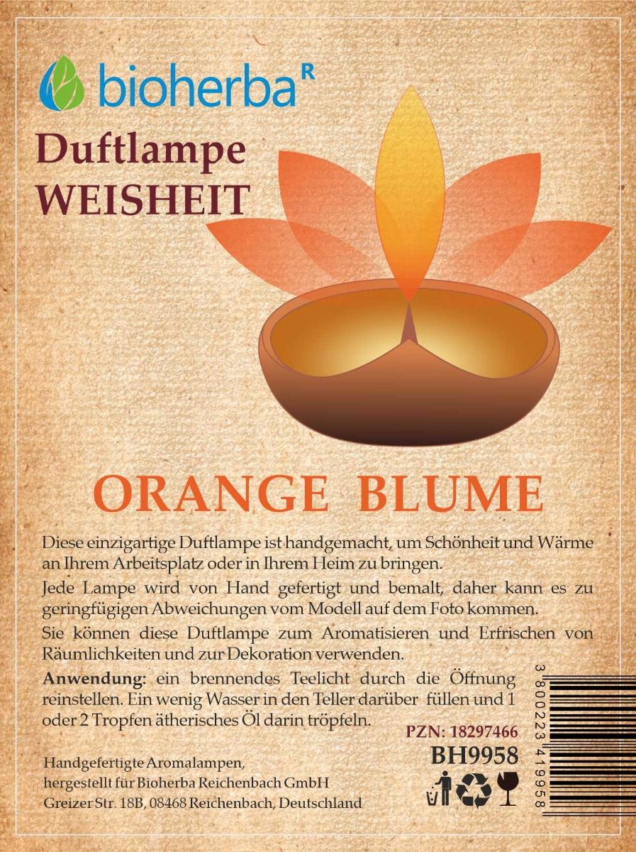 Verpackung der Duftlampe. Logo und Produktname: Bioherba Duftlampe Weisheit Orange Blume. Text und Barcode.