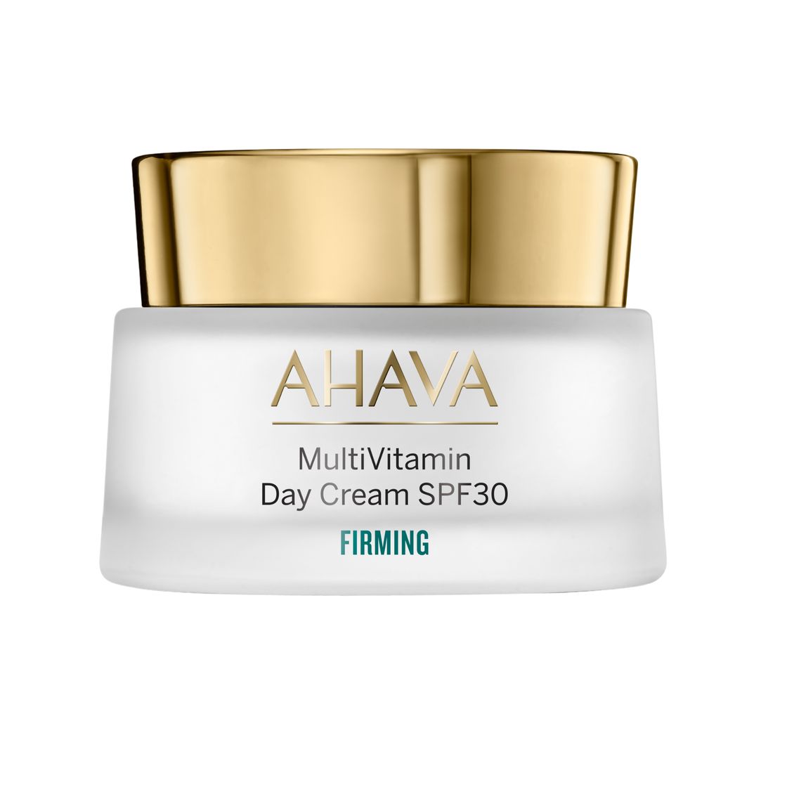 AHAVA Multivitamin Tagescreme SPF30 mit straffender Wirkung in einem weißen Glasbehälter mit goldenem Deckel.