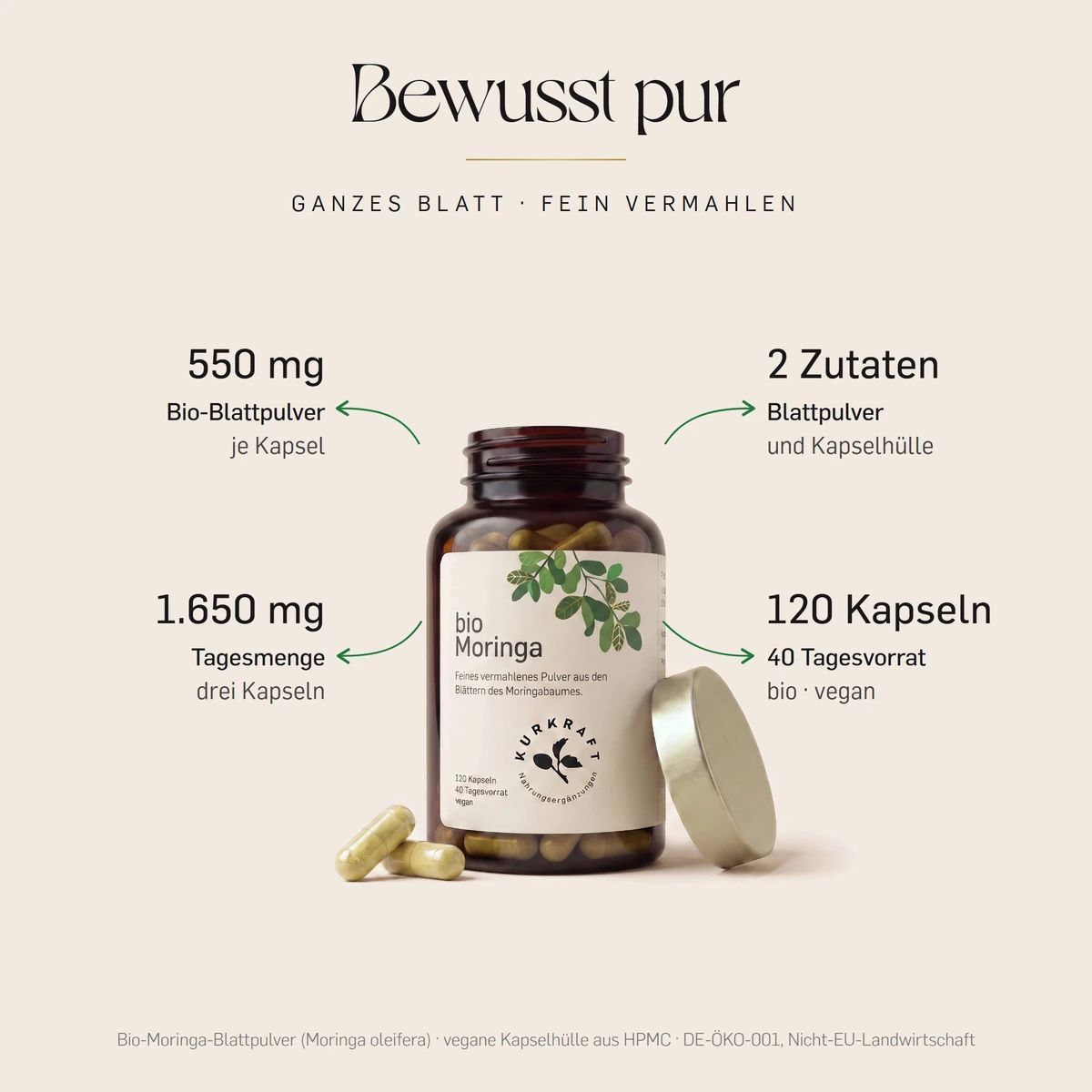Kurkraft Bio Moringa Kapseln in Braunglasflasche, umgeben von Informationen zu Inhaltsstoffen und Kapselanzahl.