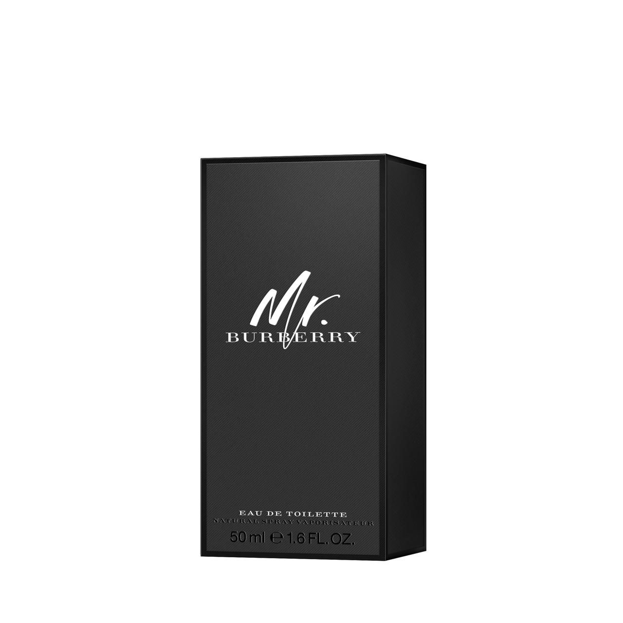 Schwarze Schachtel mit weißem "Mr. Burberry" Logo. Text: Eau de Toilette, 50 ml, 1.6 FL OZ.