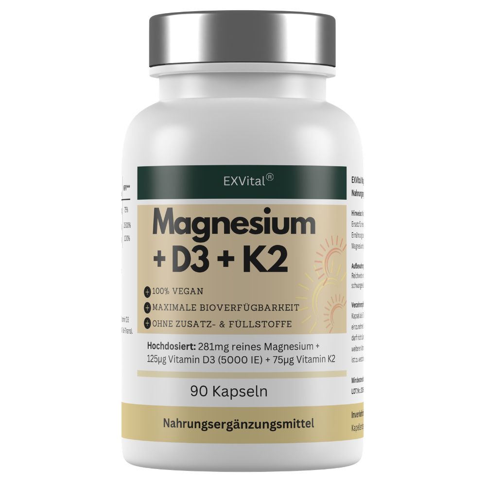 Weiße Flasche EXVital Magnesium + D3 + K2, 90 Kapseln. Text: 281mg Magnesium, 125µg Vitamin D3, 75µg Vitamin K2.