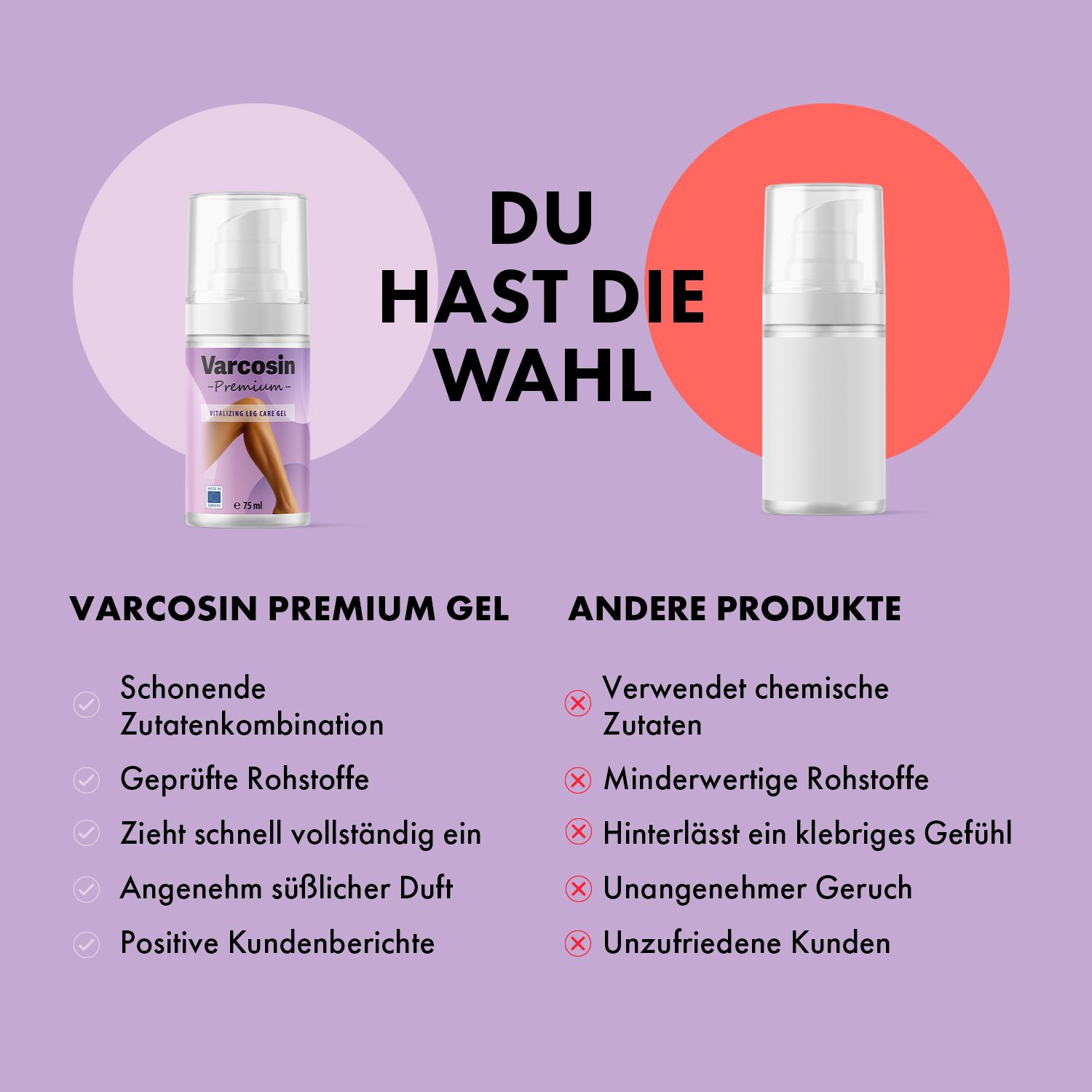 Vergleich von Varcosin Premium Gel und einem anderen Produkt. Aufschrift: Varcosin Premium Gel.
