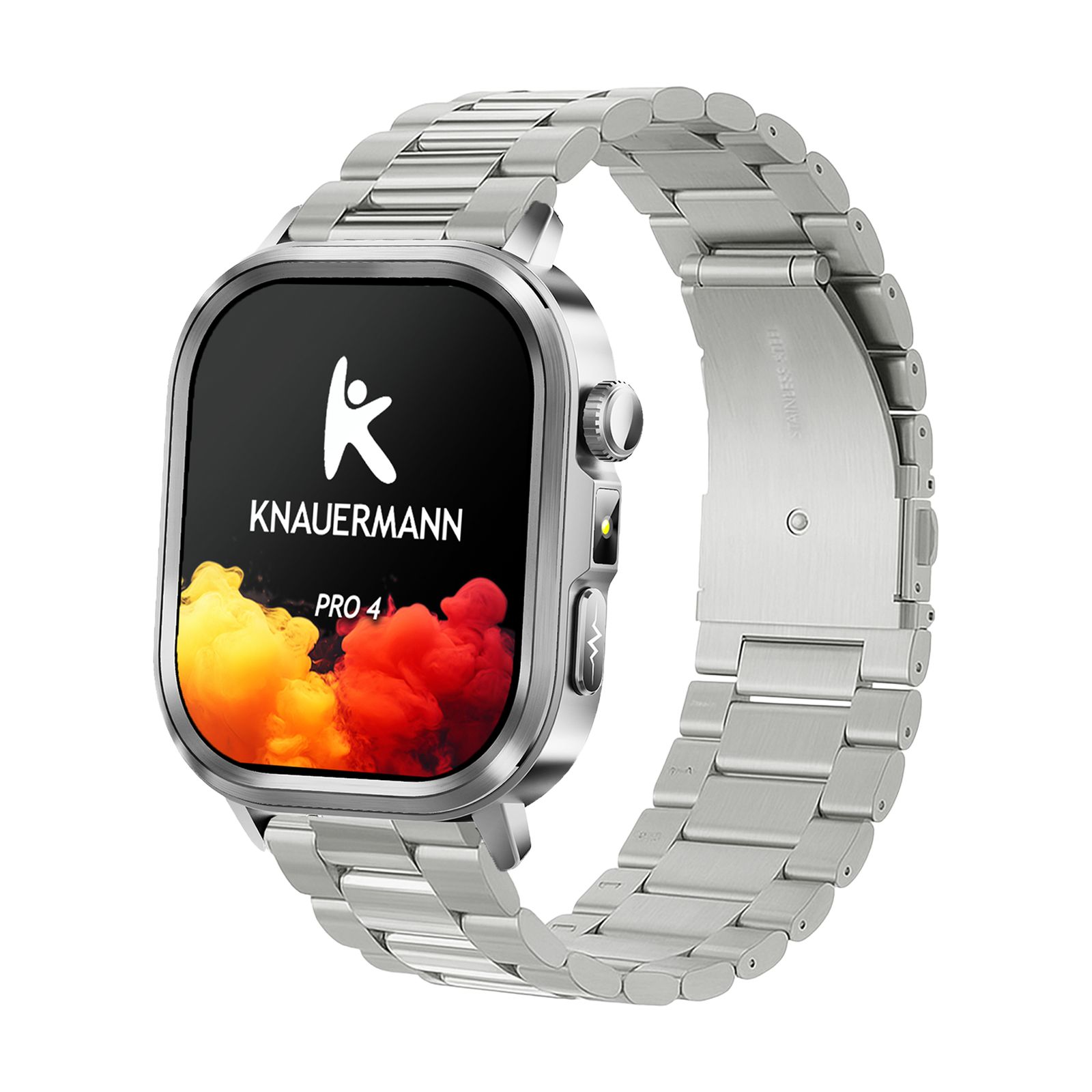 Silberne Smartwatch mit silbernem Metallarmband, seitlicher Ansicht, quadratischem Display mit Knauermann-Logo und "PRO 4".
