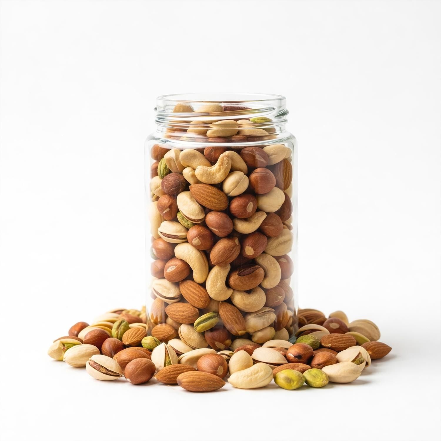 Glas gefüllt mit einer Nussmischung aus Pistazien, Mandeln, Haselnüssen und Cashewnüssen.