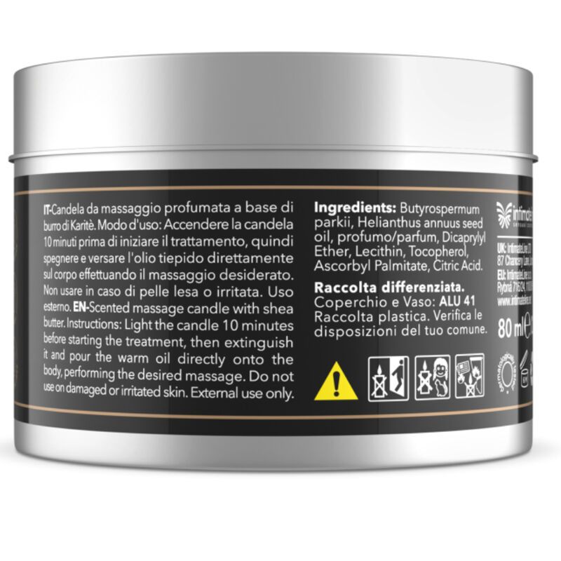 Rückseite der Massagekerze. Text in Englisch und Italienisch. Zutatenliste. Warnhinweise und Recycling-Symbole.