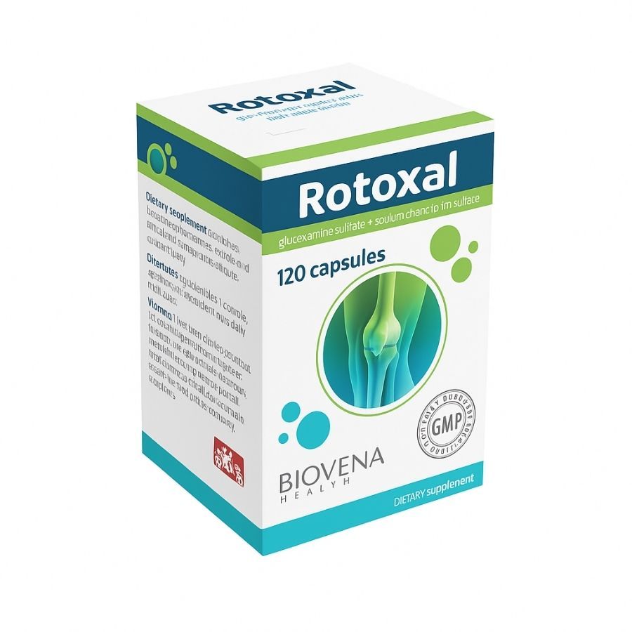 Karton von Biovena Health Rotoxal. Enthält 120 Kapseln. Aufschrift: Glucosaminsulfat + Natriumchondroitin. GMP-Zertifizierung.