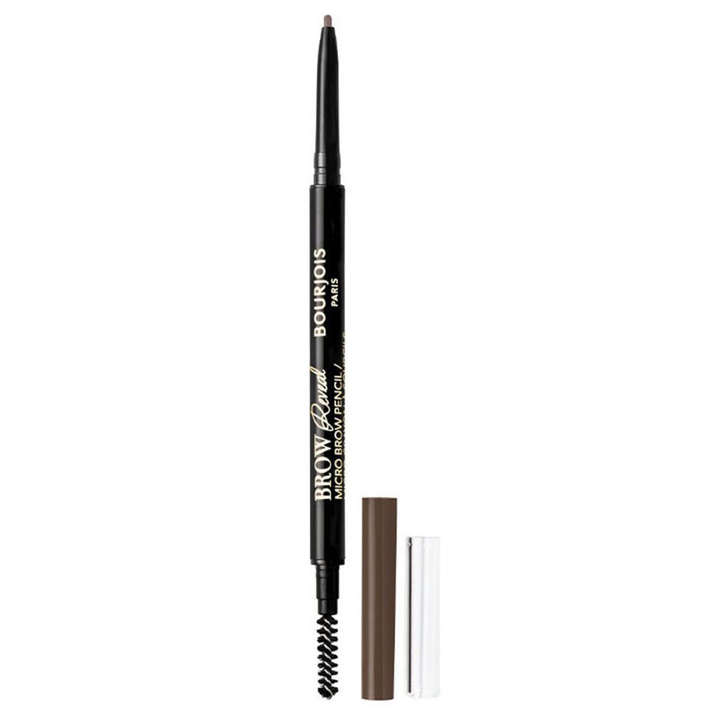 Brauenstift mit Bürste und Kappe. Schwarzer Stift, braune Mine. Aufschrift: Bourjois Paris, Brow Reveal Micro Brow Pencil.