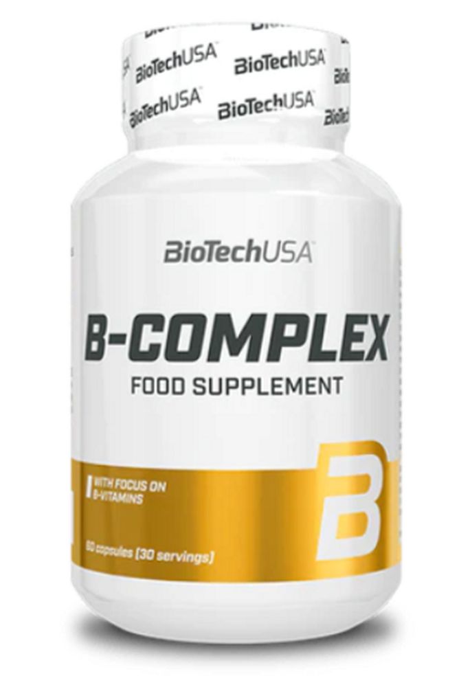 Weiße Flasche mit "B-COMPLEX" und "BioTechUSA" Aufschrift. Enthält Kapseln. Goldfarbener Bereich mit "B" Symbol.