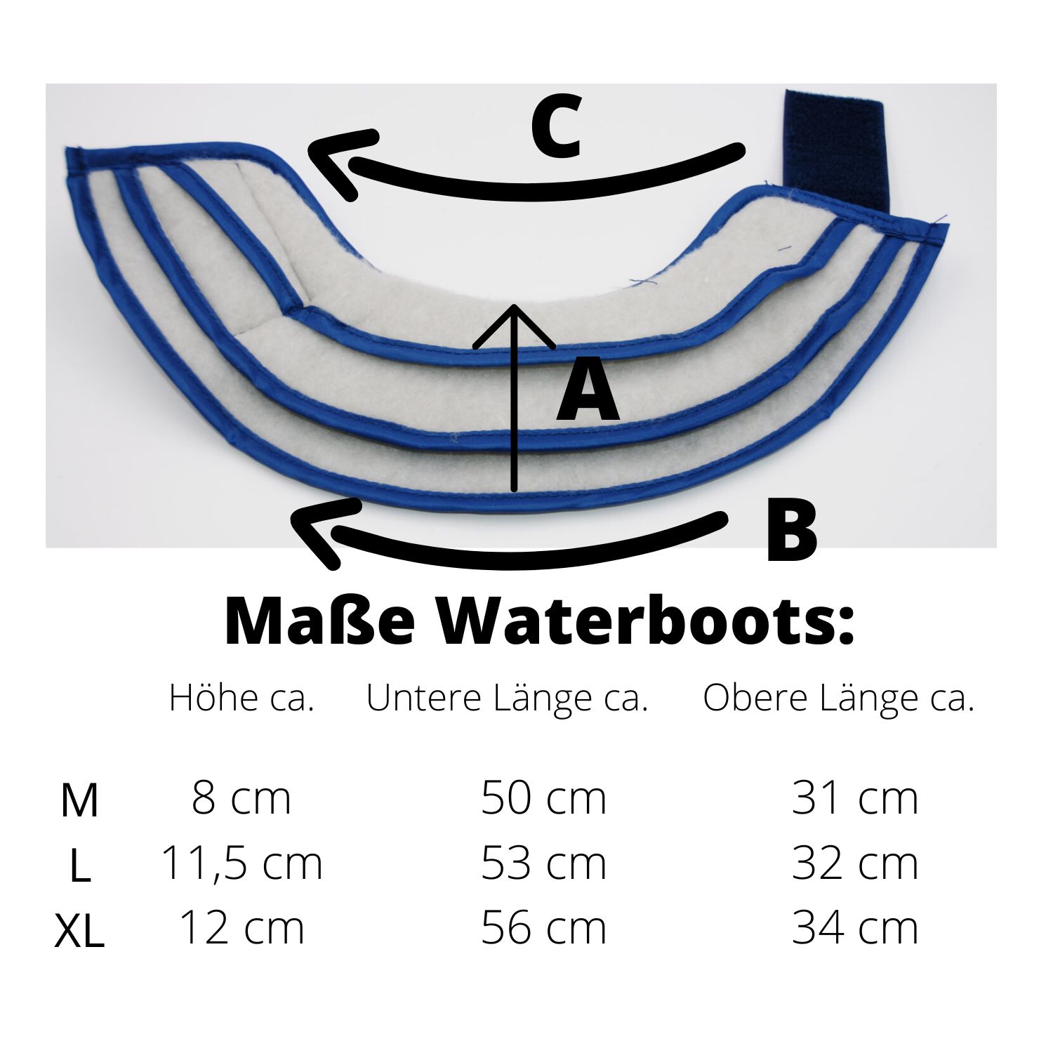 Maßtabelle für Waterboots. Größen M, L, XL. Höhe, untere und obere Länge in cm.