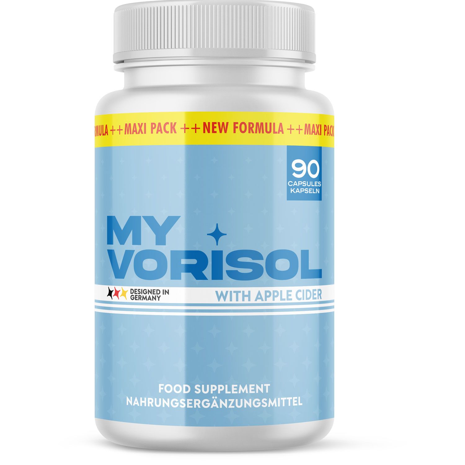 Blaue Flasche mit weißen Kapseln. Aufschrift: MY VORISOL, 90 Kapseln, mit Apfelessig. Nahrungsergänzungsmittel. Hergestellt in Deutschland.