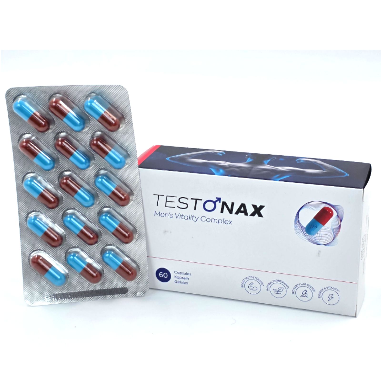 Schachtel "TESTO NAX" und Blisterpackung mit Kapseln. Blaue und rote Kapseln. 60 Kapseln.